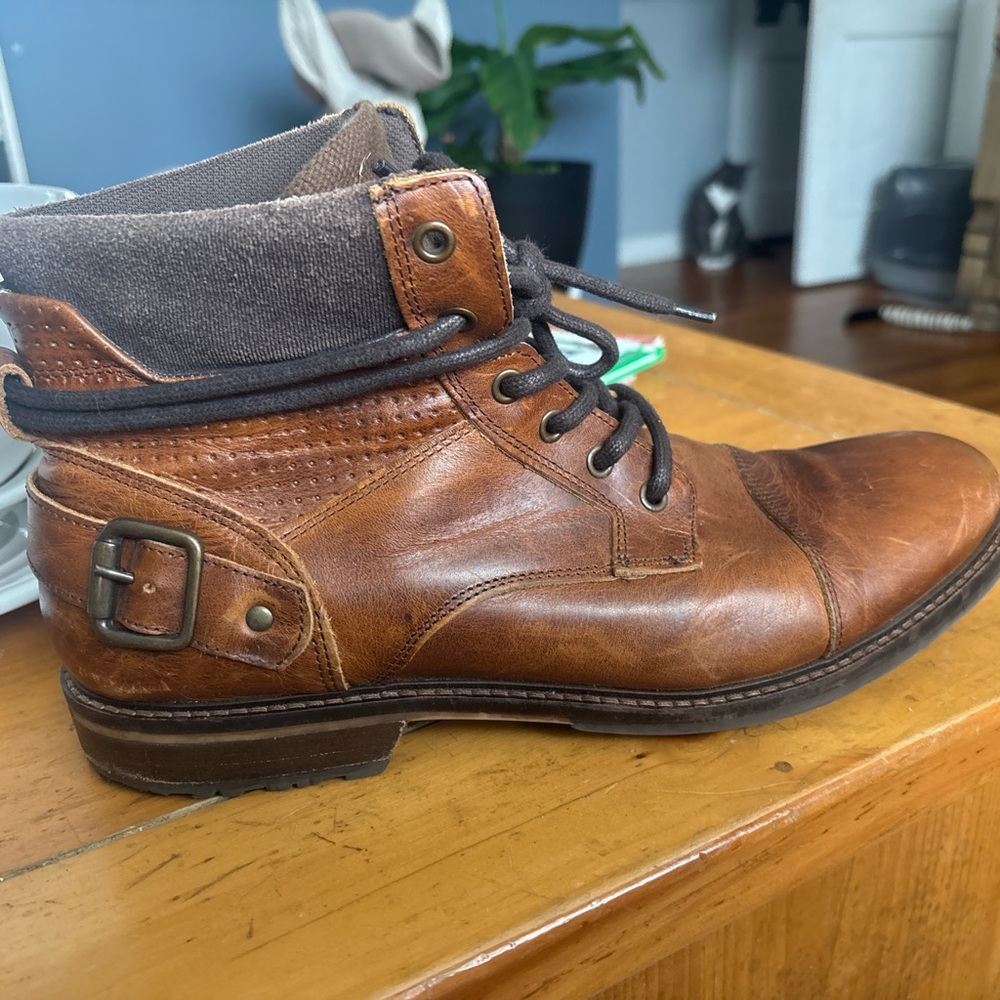 Aldo Tan Brown Leather Lace-Up Ankle Boots with Buckle